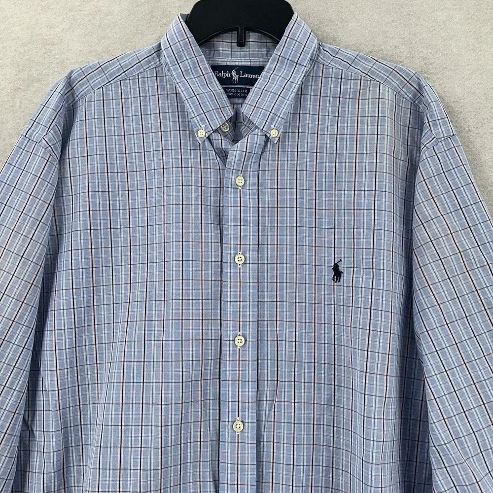 Polo Ralph Lauren Yarmouth Cotton Oxford Long Sleeve Shirt Blue White Plaid 17.5